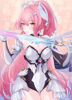 Rule 34 | 1girl, absurdres, aemeath (wuthering waves), ahoge, armpit crease, bare shoulders, blush, breasts, character name, chinese commentary, cleavage, closed mouth, commentary request, covered navel, cowboy shot, elbow gloves, gloves, hair between eyes, hair ornament, headgear, highres, holding, holding sword, holding weapon, joker (pixiv 96086483), large breasts, leotard, long hair, looking at viewer, orange eyes, pink hair, ponytail, showgirl skirt, sidelocks, skirt, smile, solo, standing, star-shaped pupils, star (symbol), strapless, strapless leotard, sword, symbol-shaped pupils, tacet mark (wuthering waves), thigh gap, weapon, white gloves, white leotard, white skirt, wuthering waves