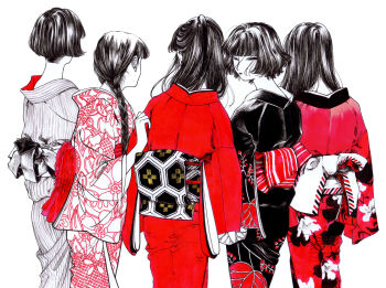 Rule 34 | 5girls, absurdres, ameishi, back bow, black kimono, bow, braid, commentary request, feet out of frame, floral print, floral print kimono, from behind, grey kimono, half updo, highres, japanese clothes, kimono, long hair, long sleeves, looking at viewer, looking back, medium hair, millipen (medium), multiple girls, obi, obijime, original, pen (medium), print kimono, red kimono, sash, short hair, single braid, traditional media, white background, white kimono, wide sleeves