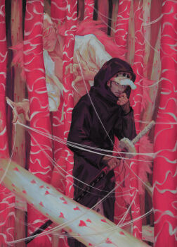 2boys absurdres black_cloak black_hair cloak donquixote_doflamingo earrings grey_eyes hand_tattoo hat heart highres holding holding_sword holding_weapon hood hooded_cloak jewelry male_focus multiple_boys one_piece open_clothes open_shirt shirt short_hair sideburns silk smile spider_web sunglasses sword symbolism tattoo tolyboush trafalgar_law tree weapon white_hat white_shirt