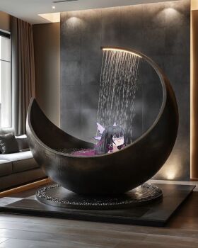 1girl absurdres bath bathing bathtub black_hair blunt_bangs columbina_(genshin_impact) commentary couch english_commentary genshin_impact head_wings highres indoors mask meroo_art multicolored_hair partially_submerged photo_background showering smile solo streaked_hair tiles wings