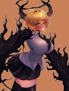 Rule 34 | 1girl, black claws, black halo, black hands, black necktie, black skirt, black thighhighs, blonde hair, blush, breasts, cape, collar, colored extremities, demon girl, demon tail, don quixote (project moon), e.g.o (project moon), gloves, gugugu44630967, halo, highres, horns, index (identity) (project moon), jacket, large breasts, limbus company, long sleeves, looking at viewer, necktie, procuration (e.g.o), project moon, shirt, short hair, skirt, solo, tail, thighhighs, white cape, white shirt, yellow eyes