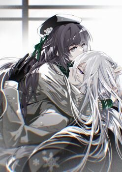 1boy 1girl beret black_gloves black_hat cael_anselm chromatic_aberration closed_mouth coat coldiron couch flower gloves green_ribbon grey_coat grey_eyes grey_sweater hand_in_another&#039;s_hair hand_on_another&#039;s_head hat hat_flower hat_ribbon heroine_(lovebrush_chronicles) hetero highres hug long_hair long_sleeves looking_at_another looking_at_viewer lovebrush_chronicles lying lying_on_person on_couch profile purple_eyes purple_hair ribbon sitting smile snowflakes sweater upper_body white_flower white_hair window