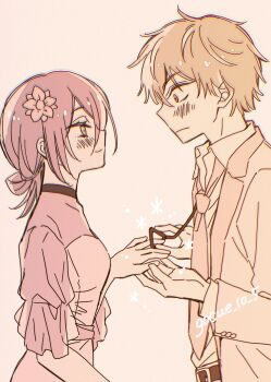 1boy 1girl 59_(seventhstar) belt black_choker blonde_hair blush breasts chainsaw_man choker closed_mouth collared_shirt commentary_request couple denji_(chainsaw_man) dress flower hair_between_eyes hair_bun hair_flower hair_ornament hetero highres holding_hands jacket light_smile looking_at_another medium_breasts medium_hair necktie official_alternate_costume purple_hair reze_(chainsaw_man) see-through_clothes see-through_sleeves sepia shirt short_hair suit_jacket twitter_username updo white_dress white_shirt wide-eyed