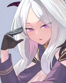 1girl black_gloves blue_archive blush demon_girl demon_horns gari gloves highres hina_(blue_archive) horns long_hair looking_at_viewer open_mouth purple_eyes solo white_hair