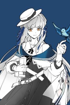 Rule 34 | 1girl, animal, arknights, belt, bird, blue background, blue bird, book, bow, ceylon (arknights), chinese commentary, closed mouth, commentary request, cowboy shot, dress, gloves, hand up, hat, hat bow, hexagram, highres, holding, holding book, light smile, long hair, long sleeves, orange eyes, partial commentary, partially colored, piaoliu ping ping ping pingzi, simple background, solo, standing, star of david