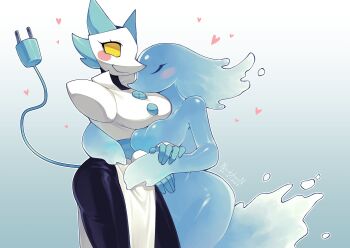 2girls animal_ears arm_around_waist blush breasts cable cable_tail cat_ears closed_eyes deltarune electric_plug electric_plug_tail furry furry_female head_on_another's_shoulder heart highres mechanical_tail miss_mizzle monster_girl multiple_girls nnickykunn pelvic_curtain rayman_limbs slime_girl tail tasque_manager utdr_(toby_fox) water yuri