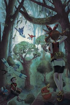 1boy 1girl absurdres backpack bag bike_shorts bike_shorts_under_shorts black_pants black_shirt bracelet brendan_(pokemon) bright_pupils brown_hair building clenched_hand closed_mouth commentary_request fanny_pack flying forest fortree_city full_body gen_3_pokemon grass hairband hat highres house in-universe_location ivy jewelry ladder latias latios leaf legendary_pokemon light_particles luna_mokamoka may_(pokemon) mega_ring mega_stone mudkip nature nintendo open_mouth outdoors pants plant pokemon pokemon_(creature) pokemon_oras red_eyes red_hairband red_shirt shirt shoes short_hair short_sleeves shorts sitting sleeveless sleeveless_shirt smile standing torchic tree vines white_hat white_pupils white_shoes white_shorts wingull yellow_eyes |_|