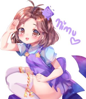 1girl blob brown_eyes brown_hair centi_(nimu) dress hair_ornament hairclip idolmikii indie_virtual_youtuber kneeling nimu_(vtuber) nimu_(vtuber)_(1st_costume) purple_dress see-through_clothes see-through_shirt shirt short_hair smile solo starry_sky_print thighhighs virtual_youtuber white_thighhighs