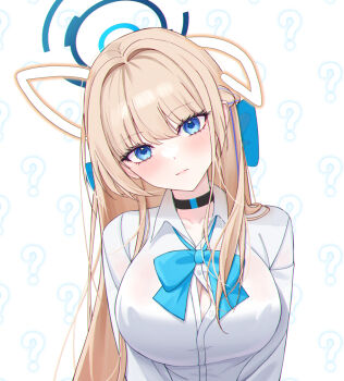 1girl ? asuna_(blue_archive) asuna_(blue_archive)_(cosplay) asuna_(school_uniform)_(blue_archive) black_choker blonde_hair blue_archive blue_bow blue_eyes bow breasts button_gap choker closed_mouth cosplay hair_bow large_breasts long_hair looking_at_viewer melt_(melt_out1) shirt solo toki_(blue_archive) toki_(school_uniform)_(blue_archive) upper_body white_shirt