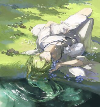 1other absurdres androgynous animal baby_animal blue_flower closed_mouth dog double-parted_bangs enkidu_(fate) fate/grand_order fate_(series) feet_out_of_frame flower flower_in_mouth from_above grass green_eyes green_hair hair_between_eyes hair_spread_out highres holding holding_animal knees_up lamb looking_at_viewer lying on_back outdoors robe rock rq000 sheep sidelocks solo sunlight water wet wet_hair white_dog white_flower white_robe white_sleeves