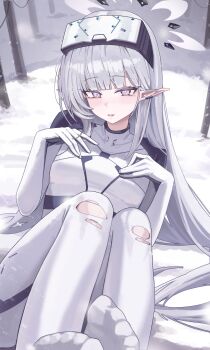 1girl absurdres blue_archive bodysuit breasts commentary_request elf halo head-mounted_display highres himari_(armed)_(blue_archive) himari_(blue_archive) jun_daniell long_hair looking_at_viewer mole mole_under_eye multicolored_halo official_alternate_costume outdoors parted_lips pink_hair pointy_ears skin_tight small_breasts snow solo toes torn_bodysuit torn_clothes two-tone_halo very_long_hair white_bodysuit white_eyes white_hair