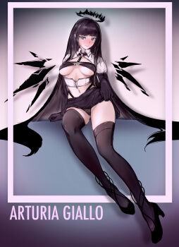 1girl absurdres ahoge arknights black_boots black_bra black_garter_straps black_gloves black_hair black_halo black_panties black_skirt black_thighhighs black_wings blush boots bra breasts broken_halo character_name chinese_commentary cleavage cleavage_cutout closed_mouth clothes_lift clothing_cutout collared_shirt commentary_request covered_erect_nipples dangling dark_halo detached_wings elbow_gloves energy_wings full_body garter_straps gloves gluteal_fold gradient_background halo hanging hanging_legs high_heel_boots high_heels highres holding long_hair looking_at_viewer medium_breasts naughty_face navel o-ring o-ring_bra o-ring_top outside_border panties shadow shirt sitting sitting_on_object skirt skirt_lift solo striped_clothes striped_panties thighhighs underboob underbust underwear vertical-striped_clothes vertical-striped_panties very_long_hair virtuosa_(arknights) white_shirt wings zarathuta zipper zipper_pull_tab