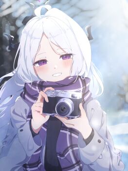 1girl :d absurdres ahoge alternate_costume blue_archive blurry camera clenched_teeth coat commentary_request demon_girl demon_horns depth_of_field forehead grey_coat grin halo head_tilt highres hina_(blue_archive) holding holding_camera horns long_hair long_sleeves looking_at_viewer not_seven777 open_mouth outdoors parted_bangs partial_commentary plaid_clothes plaid_scarf purple_eyes purple_halo purple_scarf scarf sidelocks single-lens_reflex_camera smile solo teeth upper_body wavy_hair white_hair winter_clothes winter_coat