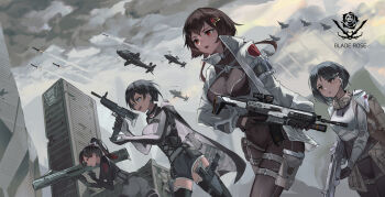 4girls absurdres aircraft aircraft_request assault_rifle black_hair black_shorts black_thighhighs blue_eyes bodysuit breasts brown_bodysuit cloud cloudy_sky coat commentary_request covered_navel cowboy_shot earpiece from_below garter_straps gun helicopter high_ponytail highres holding holding_gun holding_weapon holster leaning_forward medium_breasts missile multiple_girls original ponytail red_streaks rifle ruins science_fiction short_hair shorts sky submachine_gun thigh_holster thighhighs weapon white_coat white_garter_straps youlan