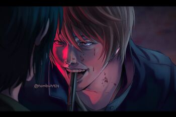 2boys black_hair blood blood_on_face brown_hair death_note death_note:_the_musical derivative_work gun_in_mouth highres jacket l_(death_note) male_focus multiple_boys numbuh424 realistic screenshot_redraw shirt smile spoilers squid_game teeth yagami_light