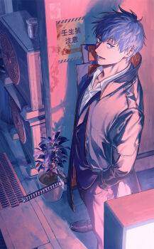 1boy absurdres alley bags_under_eyes black_coat black_jacket black_pants black_shoes black_suit coat collared_coat collared_shirt condenser_unit fate/grand_order fate_(series) formal_clothes hand_in_pocket highres holding holding_sword holding_weapon jacket katana looking_at_viewer male_focus pants plant potted_plant saitou_hajime_(fate) saitou_hajime_(first_ascension)_(fate) sheath sheathed shirt shoes solo storm_drain suit sword uni_(nico02) weapon white_shirt