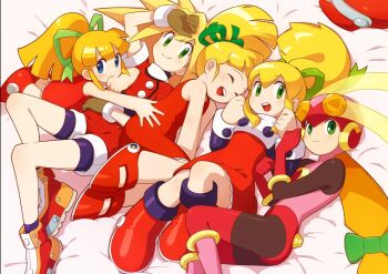 5girls :d ^_^ android bib_collar blonde_hair blue_eyes boots closed_eyes commentary dot_nose dress english_commentary feet_out_of_frame flat_chest full_body gloves green_eyes green_ribbon hair_ribbon happy helmet kataiwa_yuri knee_boots long_hair looking_at_viewer mega_man:_powered_up mega_man_(classic) mega_man_(series) mega_man_battle_network_(series) mega_man_legends_(series) multiple_girls netnavi official_art open_mouth pantyhose ponytail red_dress red_shorts ribbon roll.exe_(mega_man) roll_(mega_man) roll_caskett_(mega_man) shorts smile teeth third-party_source upper_teeth_only