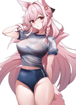 1girl absurdres anger_vein animal_ears arknights blue_buruma breasts buruma commentary_request highres large_breasts lastmatch500 long_hair looking_at_viewer pink_hair pozyomka_(arknights) red_eyes shirt simple_background solo sportswear tail thighs very_long_hair white_background white_shirt wolf_ears wolf_girl wolf_tail