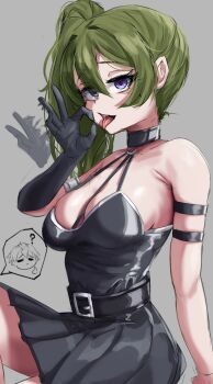 1boy 1girl arm_at_side arm_strap armlet bare_shoulders belt black_gloves black_shirt black_skirt breasts cleavage empty_eyes expressionless eyelashes feet_out_of_frame fellatio_gesture from_side gloves green_hair grey_background hand_up harness jewelry large_breasts long_hair looking_at_viewer looking_to_the_side motion_blur naughty_face open_mouth ponytail purple_eyes shirt side_ponytail sideways_glance silver_queen_(silverqueen0) simple_background single_glove sitting skirt solo_focus sousou_no_frieren stark_(sousou_no_frieren) strapless strapless_shirt tongue tongue_out turning_head ubel_(sousou_no_frieren)