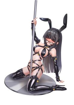 1girl absurdres animal_ear_hairband animal_ears ankle_cuffs ballet_boots bdsm black_hair blindfold blush bondage_cuffs bondage_outfit boots breasts bridal_gauntlets collar cuffs dental_gag drooling elbow_gloves fake_animal_ears full_body gloves hairband harness high_heel_boots high_heels highres lock long_hair medium_breasts open_mouth original padlock pole pole_dancing rabbit_ears saliva sitting slave solo stripper_pole thigh_boots tongue tongue_out wariza white_background yzeric