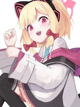 :d absurdres animal_ear_headphones animal_ears black_thighhighs blonde_hair blue_archive blue_necktie blush bow cat_ear_headphones cat_ears cat_tail collared_shirt commentary fake_animal_ears fake_tail film_grain fragaria_(fragari4) frilled_jacket frills hair_bow halo hand_up headphones highres hood hood_down hooded_jacket jacket long_sleeves looking_at_viewer low-tied_sidelocks momoi_(blue_archive) multicolored_jacket necktie off_shoulder open_mouth parted_bangs pink_eyes pink_halo pink_jacket red_bow shirt short_hair sidelocks simple_background sitting smile solo tail teeth thighhighs upper_teeth_only white_background white_jacket white_shirt wide_sleeves