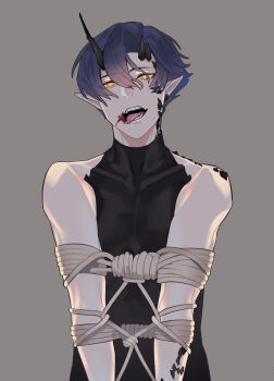 Rule 34 | 1boy, ark1478, arknights, bare shoulders, bdsm, bishounen, black shirt, blood, blood on face, blue hair, bondage, bound, bound arms, commentary request, demon boy, demon horns, fangs, flamebringer (arknights), flamebringer (casual vacation) (arknights), grey background, highres, horns, looking at viewer, male focus, material growth, open mouth, orange eyes, oripathy lesion (arknights), pointy ears, purple hair, rope, scales, shirt, short hair, simple background, sleeveless, solo, tongue, tongue out, yellow eyes