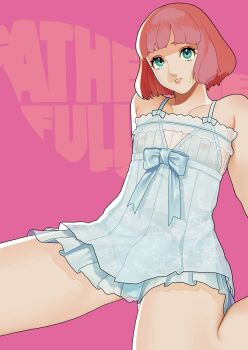 1boy babydoll blue_babydoll blue_ribbon bob_cut bulge catherine:_full_body catherine_(game) copyright_logo copyright_name crossdressing crossdressing_(mtf) erection erection_under_clothes frilled_babydoll green_eyes highres lingerie logo looking_at_viewer nipples pink_background pink_hair ribbon rin_(catherine) short_hair sitting smile trap underwear uzuki_gamou wariza