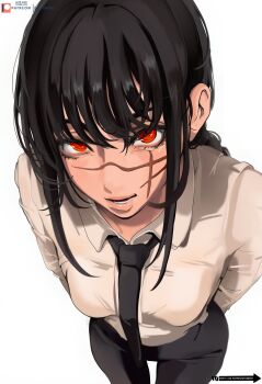 Rule 34 | 1girl, absurdres, arms behind back, black hair, black necktie, black pants, braid, breasts, chainsaw man, collared shirt, highres, lady shin, long hair, looking at viewer, necktie, open mouth, pants, red eyes, scar, scar on face, shirt, small breasts, solo, white shirt, yoru (chainsaw man)
