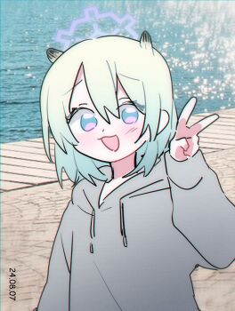 1girl absurdres alternate_costume animal_ears blue_archive blush commentary gradient_eyes grey_hoodie hair_between_eyes halo highres hood hood_down hoodie long_sleeves looking_at_viewer medium_hair multicolored_eyes open_mouth photo_background purple_eyes shigure_(blue_archive) smile solo symbol-only_commentary tamago_bororo upper_body v water weasel_ears