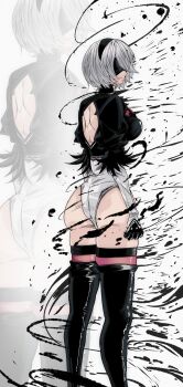 1girl 2b_(nier:automata) absurdres ass bare_back black_boots black_gloves black_hairband black_shirt black_thighhighs blindfold boots breasts commentary_request from_behind gloves grey_hair hairband highres kinakomochi_(user_vedc2333) leotard medium_breasts nier:automata nier_(series) puffy_sleeves shirt short_hair short_sleeves solo square_enix standing thick_thighs thigh_boots thighhighs thighs white_background white_leotard zoom_layer