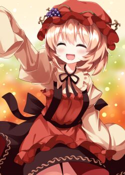 1girl :d ^_^ aki_minoriko apron black_ribbon black_skirt blonde_hair blush closed_eyes collared_shirt commentary_request cowboy_shot frilled_shirt_collar frills grape_hat_ornament hat highres mob_cap neck_ribbon open_mouth outstretched_arm red_apron red_hat ribbon ruu_(tksymkw) shirt short_hair skirt sleeves_past_fingers sleeves_past_wrists smile solo touhou yellow_background yellow_shirt