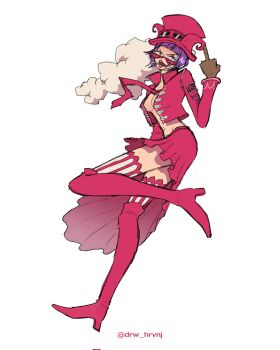 1girl belo_betty bob_cut boots brown_gloves cigarette commentary drw_hrvnj eyelashes full_body gloves hat hat_feather highres jacket middle_finger necktie one_piece open_clothes open_jacket open_mouth purple_hair red_boots red_hat red_jacket red_necktie red_skirt simple_background skirt solo standing standing_on_one_leg sunglasses thigh_boots thighhighs twitter_username white_background