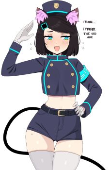 1girl absurdres animal_ear_fluff animal_ears aqua_eyes belt black_hair borrowed_character buttons cable cable_tail cat_ears cat_girl contrapposto cosplay cowboy_shot crop_top double-breasted electric_plug electric_plug_tail english_text gloves gluteal_fold hair_ornament hairclip hand_on_own_hip haqu_(suweeka) hat highres looking_to_the_side mechanical_tail meme midriff navel nozomi_(blue_archive) nozomi_(blue_archive)_(cosplay) open_mouth original peps_art salute short_hair short_shorts shorts simple_background smile solo straight-on swept_bangs tail thigh_gap thighhighs uohhhhhhhhh!_(meme) white_background white_gloves white_thighhighs