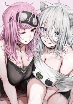 Rule 34 | 1girl, 2girls, absurdres, ahoge, alternate costume, animal ear piercing, animal ears, bare shoulders, black choker, black mask, black nightgown, blush, breasts, character print, choker, cleavage, collarbone, commentary request, earrings, grey eyes, grey hair, hair between eyes, highres, hololive, hololive english, jewelry, lace-trimmed nightgown, large breasts, lion ears, lion girl, lion tail, long hair, long sidelocks, looking at viewer, loose clothes, loose shirt, mask, mask on head, messy hair, mori calliope, mori calliope (sleepwear), multicolored hair, multiple girls, nightgown, official alternate costume, official alternate hairstyle, pink eyes, pink hair, red eyes, shirt, shishiro botan, shishiro botan (midnight convenience store), sidelocks, single bare shoulder, skull choker, skull collar, skull earrings, sleep mask, sleepwear, smile, t-shirt, tail, toro3, virtual youtuber, white shirt