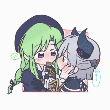 Rule 34 | 2girls, ^ ^, ascot, assault lily, black gloves, black horns, black jacket, blue eyes, blush, braid, candy, chocolate, chocolate heart, closed eyes, closed mouth, commentary, demon horns, eye contact, face-to-face, food, food in mouth, frilled sleeves, frills, gloves, green hair, grey background, grey hair, hair ornament, half updo, hand on another's arm, hand on another's cheek, hand on another's face, hand up, heart, heart-shaped food, highres, horns, jacket, kasa (kasa mayulove), long hair, long sleeves, looking at another, low-braided long hair, low-tied long hair, mouth hold, multiple girls, murakami tokiwa, parted bangs, parted lips, pink background, profile, purple eyes, sekino youko, short hair, sidelocks, speech bubble, spoken expression, translated, two-tone background, untranslatable commentary, upper body, valentine, white ascot, yuri
