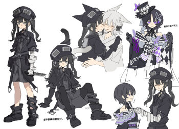 3girls adjusting_clothes animal_ears bandaged_arm bandages bare_shoulders belt black_belt black_boots black_choker black_gloves black_hair black_hat black_kimono black_ribbon boots bug butterfly butterfly_hair_ornament cat_ears checkered_sleeves cheek-to-cheek chinese_text choker closed_eyes closed_mouth full_body gloves goggles goggles_on_headwear grey_eyes grey_hair hair_ornament hat heads_together highres holding holding_knife housho_margo hug insect japanese_clothes kemonomimi_mode kimono knife kurobe_nanoka kurobe_nanoka's_sister lolita_fashion long_hair long_sleeves looking_at_viewer mahou_shoujo_no_majo_saiban mini_hat mini_top_hat multiple_girls multiple_views parted_bangs purple_butterfly purple_eyes ribbon short_hair shorts siblings simple_background sisters sitting smile standing top_hat translation_request twintails wa_lolita white_background wuubaiwan