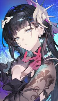 absurdres black_gloves black_hair coral_hair_ornament earrings gloves hair_ornament hairclip half_gloves highres honkai:_star_rail honkai_(series) hysilens_(honkai:_star_rail) jewelry kkuekkue_(chifer1958) long_hair looking_at_viewer necklace ocean pearl_earrings pearl_necklace puffy_wrist_cuffs red_gloves scales see-through_clothes shell shell_hair_ornament water