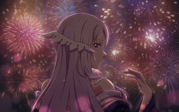 1girl absurdres aerial_fireworks bare_shoulders blue_kimono commentary fireworks hair_ornament highres japanese_clothes kimono long_hair looking_back making-of_available off_shoulder peri_(qq2748089832) purple_eyes purple_hair purple_nails quinella sword_art_online very_long_hair