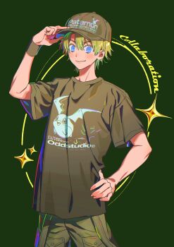 Rule 34 | 1boy, absurdres, baseball cap, blonde hair, blue eyes, cowboy shot, digimon, green background, green hat, green shirt, hat, highres, male focus, ojing oppa (o b s 00), patamon, shirt, simple background, solo, takaishi takeru