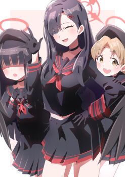 3girls absurdres beret black_choker black_gloves black_hair black_hat black_serafuku black_wings blue_archive blush border breasts brown_eyes brown_hair choker feathered_wings gloves hair_ornament hair_over_eyes hairclip halo hat highres ichika_(blue_archive) justice_task_force_member_(blue_archive) long_hair long_sleeves multiple_girls neckerchief one_eye_closed open_mouth pink_background red_halo red_neckerchief sailor_collar school_uniform serafuku simple_background skirt smile teeth to_(tototo_tk) upper_teeth_only white_border wings