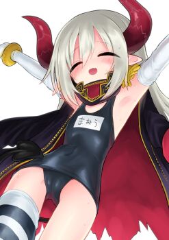 Rule 34 | 1girl, blush, closed eyes, commentary, curled horns, demon girl, demon horns, demon tail, elbow gloves, emma august, emma august (1st costume), epaulettes, gloves, highres, horns, jacket, jacket on shoulders, kyuusui gakari, long hair, name tag, nijisanji, old school swimsuit, one-piece swimsuit, pointy ears, red horns, school swimsuit, single thighhigh, smile, solo, striped clothes, striped thighhighs, swimsuit, tail, thighhighs, untranslatable commentary, virtual youtuber, white gloves