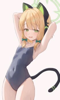 1girl absurdres alternate_costume animal_ear_headphones animal_ears armpit_focus armpits arms_behind_head arms_up blonde_hair blue_archive blue_one-piece_swimsuit blush bow breasts cat_ear_headphones cat_ears cat_tail collarbone covered_navel cowboy_shot fake_animal_ears fake_tail green_bow green_eyes green_halo hair_bow halo headphones highres loli looking_at_viewer midori_(blue_archive) one-piece_swimsuit open_mouth parted_lips presenting_armpit school_swimsuit short_hair sidelocks simple_background small_breasts small_sweatdrop smile solo springrain_06 sweatdrop swimsuit tail white_background
