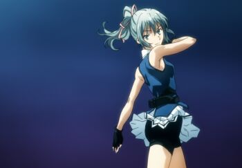 1girl armpits black_gloves black_shorts blue_eyes blue_vest bluesy_fluesy bow breasts closed_mouth collared_shirt female_focus fingerless_gloves gloves grey_hair hair_bow hair_ribbon highres knife knife_sheath legs long_hair looking_at_viewer miniskirt no_bra pink_bow pink_ribbon pleated_skirt ponytail ribbon sexually_suggestive sheath shirt shirt_under_vest shorts skirt sleeveless small_breasts smile solo solo_focus taboo_tattoo thighs upskirt vest white_shirt white_skirt