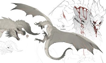 Rule 34 | animal focus, artist name, blood, commentary, dragon, english commentary, highres, immorthis, open mouth, simple background, teeth, white background