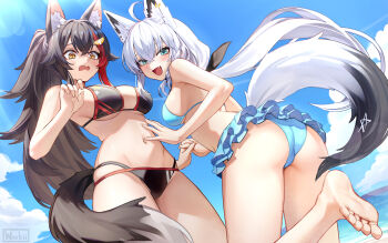 Rule 34 | 2girls, :d, ahoge, alternate costume, animal ear fluff, animal ear piercing, animal ears, aqua eyes, ass, barefoot, bikini, bikini skirt, black bikini, black hair, black ribbon, blue bikini, blue sky, braid, breasts, cloud, commentary, crossed bangs, day, double-parted bangs, feet, flipped hair, fox ears, fox girl, fox tail, frilled bikini, frills, hair between eyes, hair ornament, hair ribbon, hairclip, halterneck, highleg, highleg bikini, highres, hololive, large breasts, long hair, looking at viewer, low ponytail, medium breasts, multi-strapped bikini bottom, multicolored hair, multiple girls, navel, ocean, official alternate costume, ookami mio, open mouth, outdoors, pentagram, ponytail, red hair, ribbon, shirakami fubuki, shirakami fubuki (hololive summer 2019), side braid, sideboob, sidelocks, sky, smile, soles, spiked hair, stomach, streaked hair, string bikini, swimsuit, untranslatable commentary, tail, very long hair, virtual youtuber, wavy mouth, white hair, wolf ears, wolf girl, wolf tail, wszkii, yellow eyes