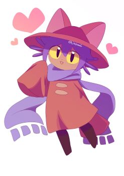 1other :3 androgynous animal_hat arm_behind_back black_eyes brown_coat brown_hat cat_hat child coat colored_sclera commentary_request dot_nose fang full_body hand_up hat heart highres ja6m6 long_scarf long_sleeves looking_at_viewer medium_hair niko_(oneshot) oneshot_(game) other_focus parted_lips purple_hair purple_scarf scarf simple_background sleeves_past_fingers sleeves_past_wrists solo twitter_username white_background yellow_sclera