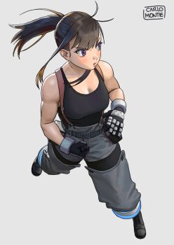 1girl artist_name bare_shoulders black_boots black_gloves black_hair black_tank_top boots breasts carlo_montie en&#039;en_no_shouboutai from_above full_body gloves grey_background grey_pants hashtag-only_commentary maki_oze medium_breasts pants parted_lips ponytail purple_eyes simple_background solo suspenders tank_top