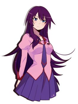 Rule 34 | 1girl, bakemonogatari, blue eyes, blush, breasts, closed mouth, collared shirt, cropped legs, expressionless, eyelashes, juliet sleeves, kokomi (aniesuakkaman), long hair, long sleeves, looking at viewer, medium breasts, monogatari (series), naoetsu high school uniform, necktie, pleated skirt, puffy sleeves, purple hair, purple necktie, purple skirt, school uniform, senjougahara hitagi, shirt, simple background, skirt, solo, very long hair, white background