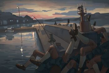 6+girls cloud dock expressionless fishing fishing_rod lamppost multiple_girls original outdoors reflection shoes skirt socks sunset tensen_(dotted_line) tetrapod twilight upside-down water what