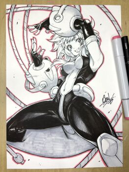 1girl art_tools_in_frame blush_stickers bodysuit boku_no_hero_academia breasts bright_pupils chinese_commentary commentary_request covered_navel dynamic_pose elbow_gloves esoul fingerless_gloves floating_hair gloves greyscale grin highres long_hair looking_at_viewer marker marker_(medium) medium_breasts monochrome multicolored_bodysuit outline photo_(medium) red_outline short_eyebrows signature skin_tight smile solo spot_color superhero_costume thick_eyebrows traditional_media two-tone_bodysuit uraraka_ochako wire